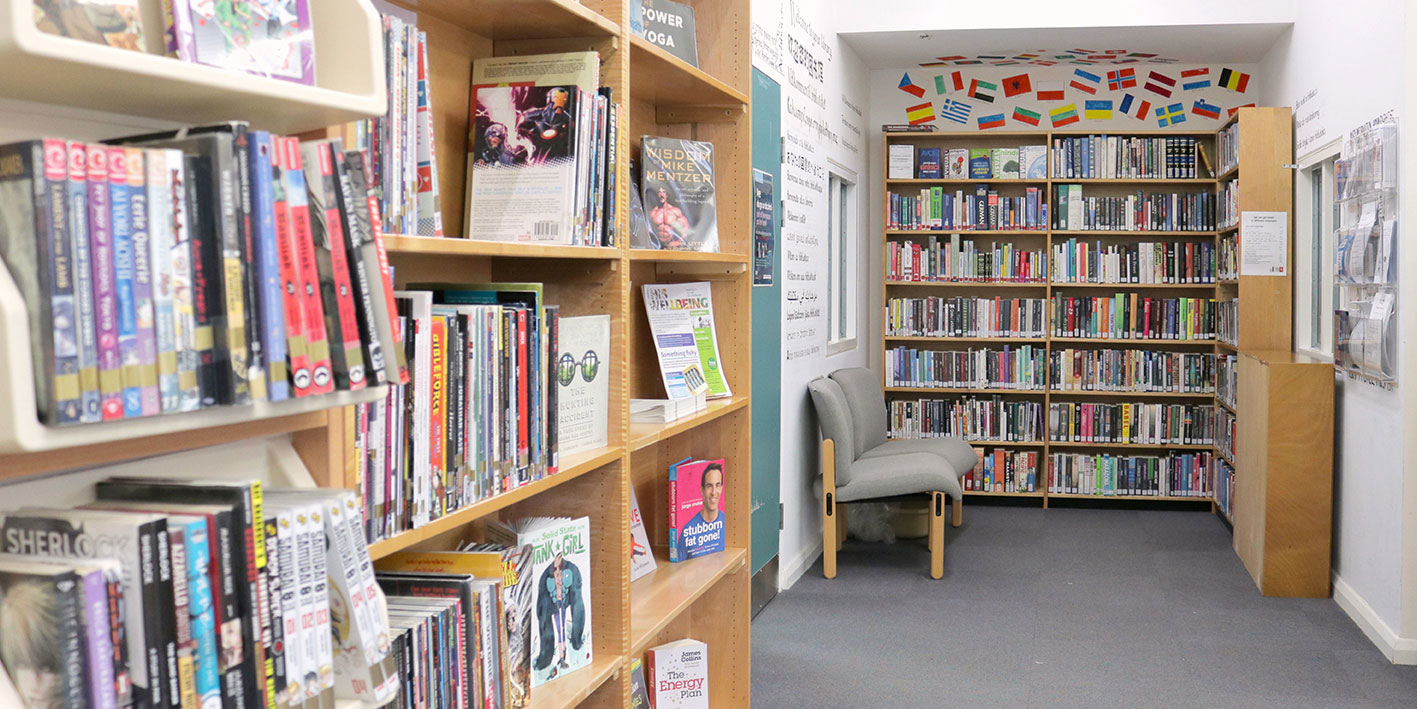 Books displayed in a prison library