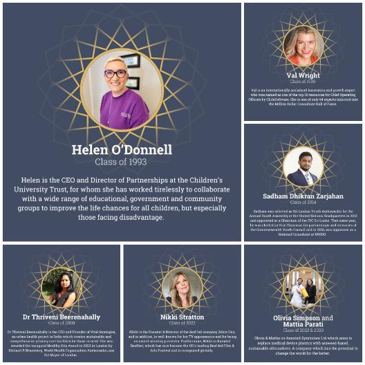 A graphic depicting six of the alumni awards finalists