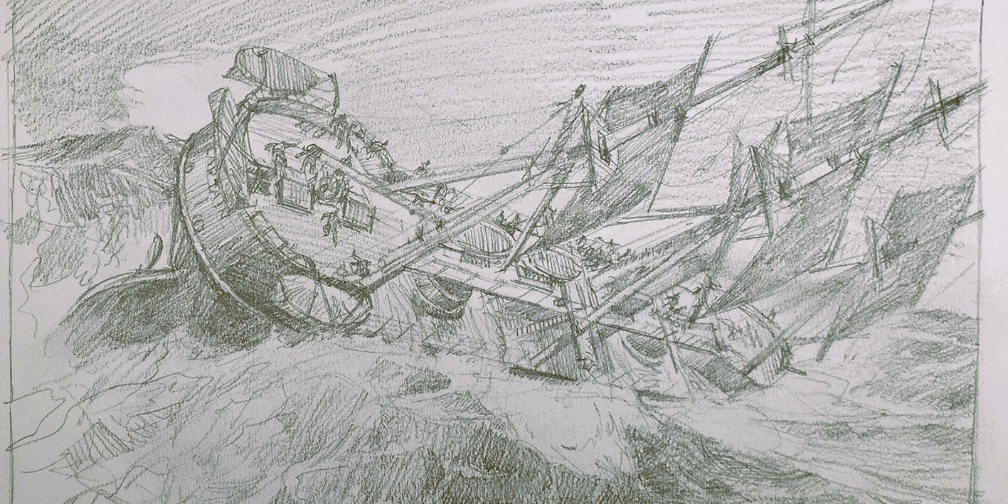 A pencil drawing of the Captain ship