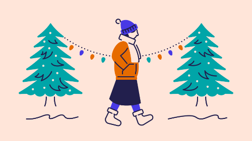illustration of a lady walking though the snow with Christmas trees and festive lights in the background