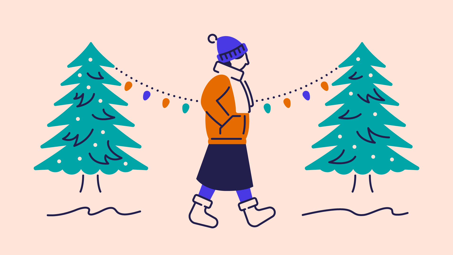 illustration of a lady walking though the snow with Christmas trees and festive lights in the background