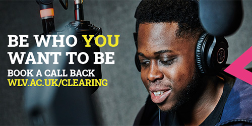 Be Who You Want To Be book a call back wlv.ac.uk/clearing. Student in recording studio