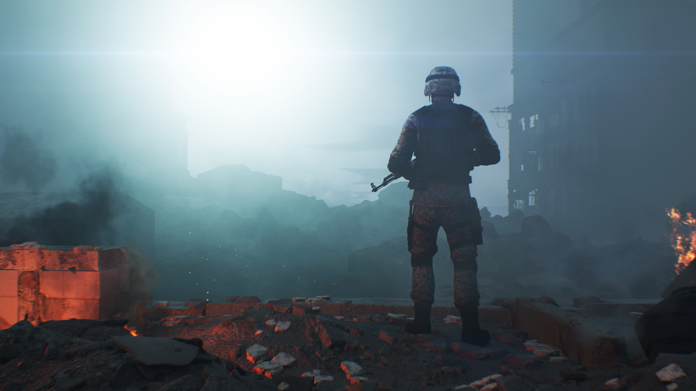 A stock image of the silhouette of a soldier with a gun