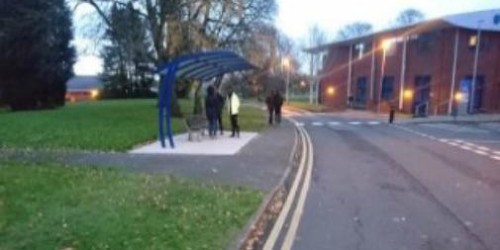Bus stop on Telford Campus, Priorslee, TF2 9NN, located at the side of the Angad Paul Building (SA)