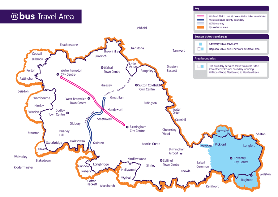 N Bus travel area map - West Midlands network region