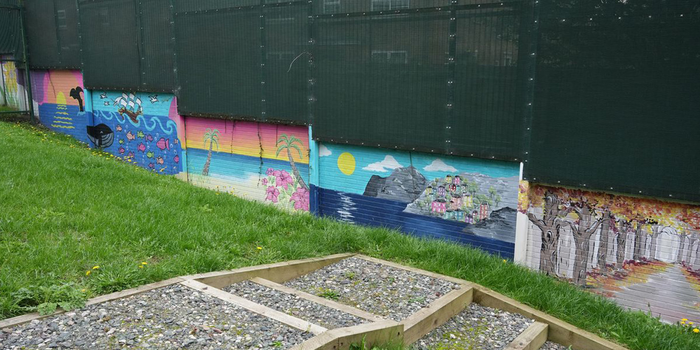 Section of mural wall designed by students, at St Georges Hospital, Staffordshire