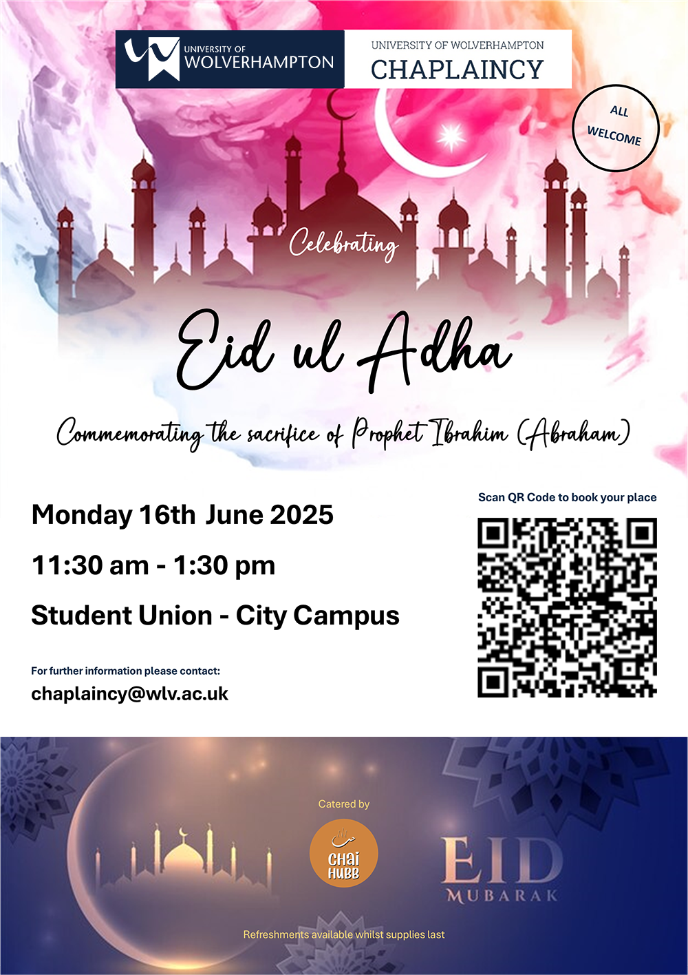 Poster for the Eid ul Adha event held at City Campus Students' Union on Monday 16 June 11.30am - 1.30pm, booking required.