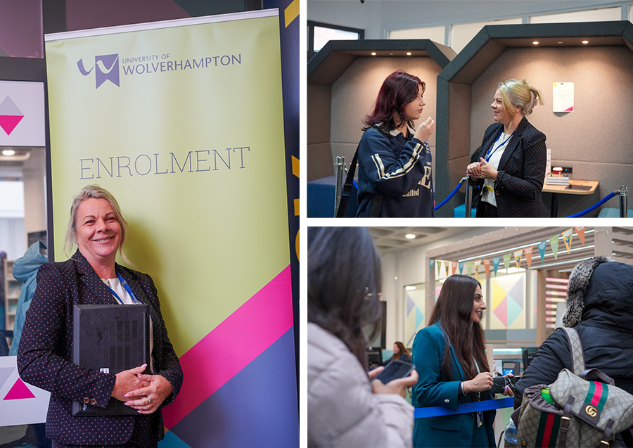 three photos of staff supporting students on campus with enrolment