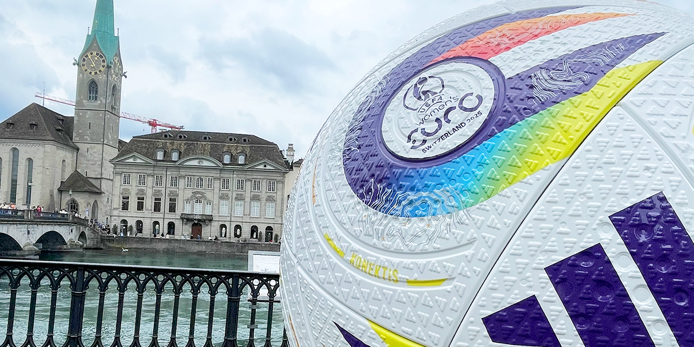 Oversized football statue in Basel at UEFA Women's European Championship