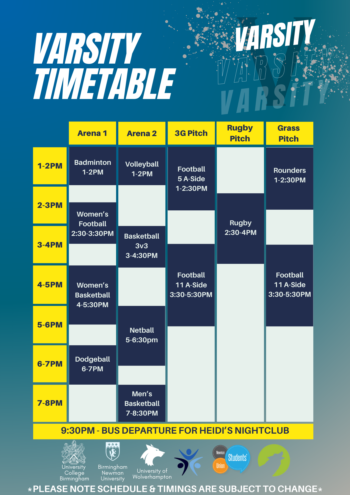 A graphic depicting the Varsity Sport timetable