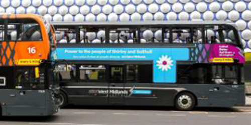 West Midlands Bus Scheme: two busses outside the Bullring, Birmingham City Centre