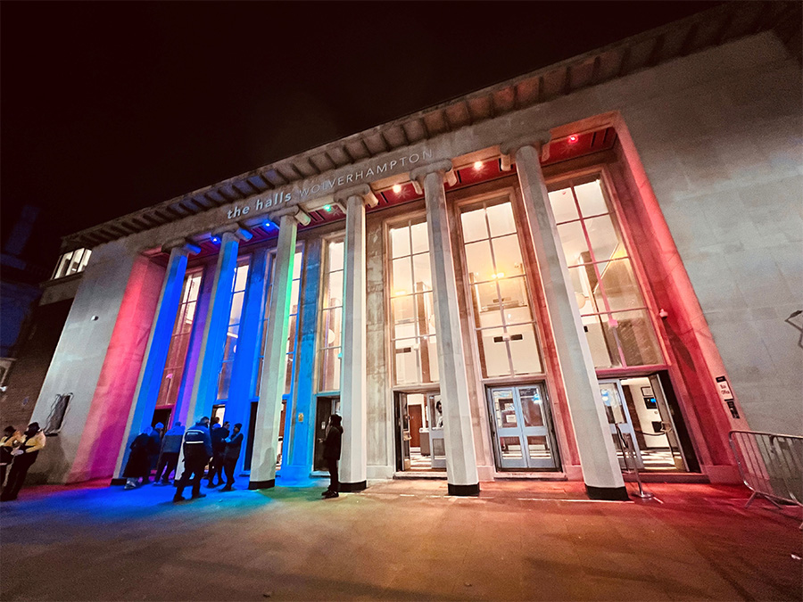University of Wolverhampton at the Halls exterior lit up at night