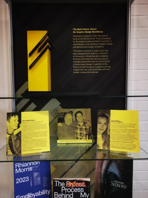 An image of a display case featuring winners of the Matt Palmer Award