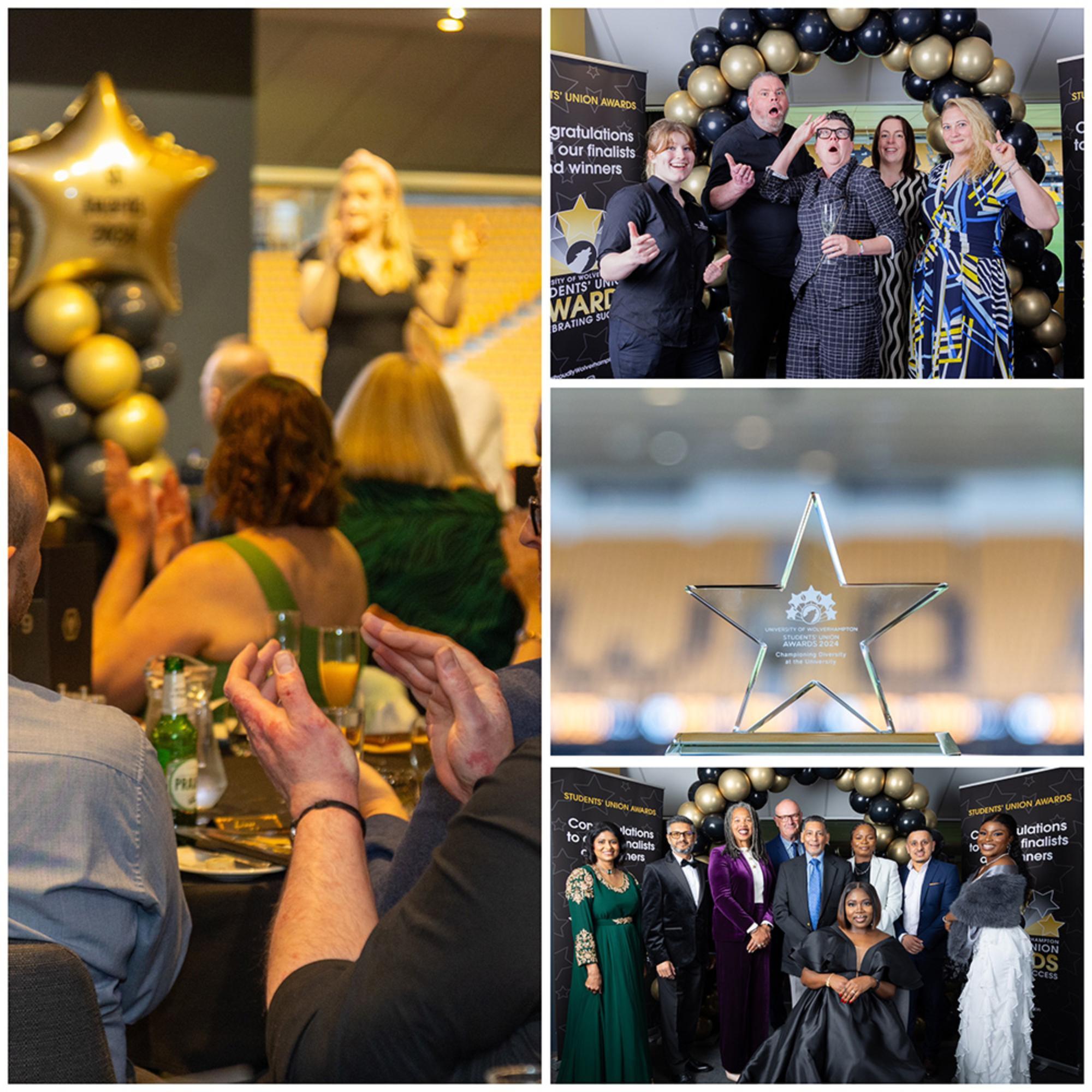 Four pictures of celebrations at the Students Union awards in a montage