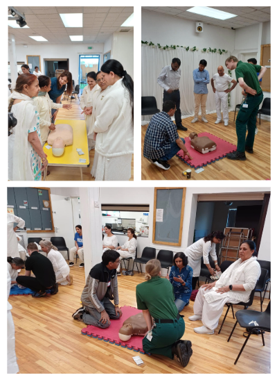 photo montage of paramedics teaching life saving skills at community outreach event