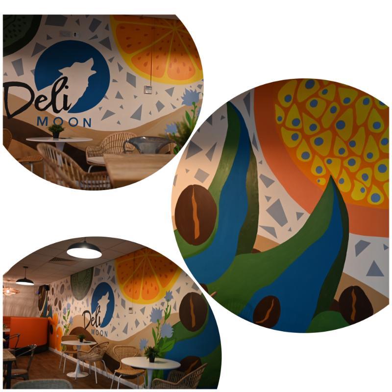 A collection of three pictures depicting the mural painted by Illustration students in Students' Union