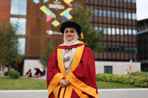 Portrait of Doctorate student Suha Ahmed at her graduation