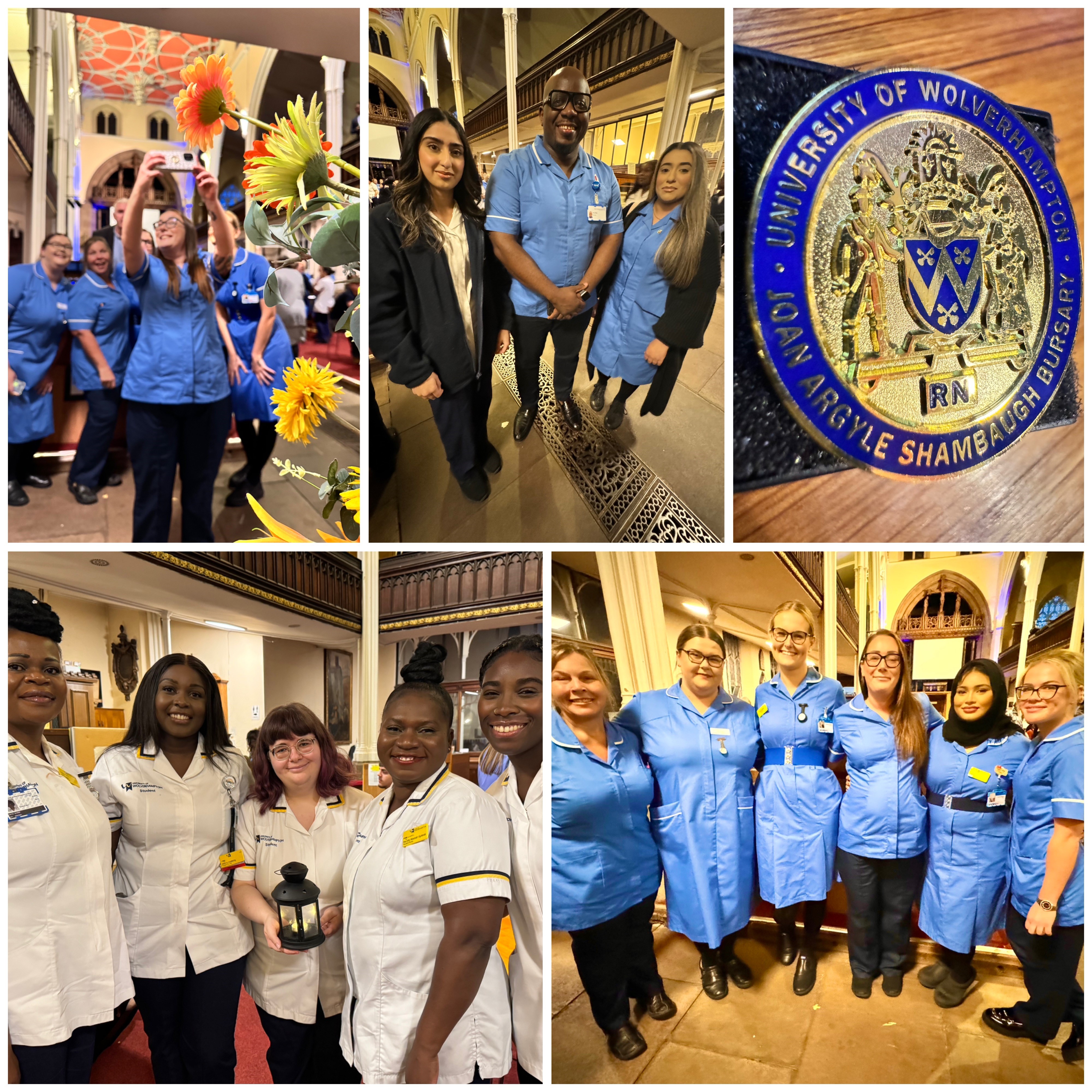 A collage of pictures of nurses celebrating at their nurse badging ceremony