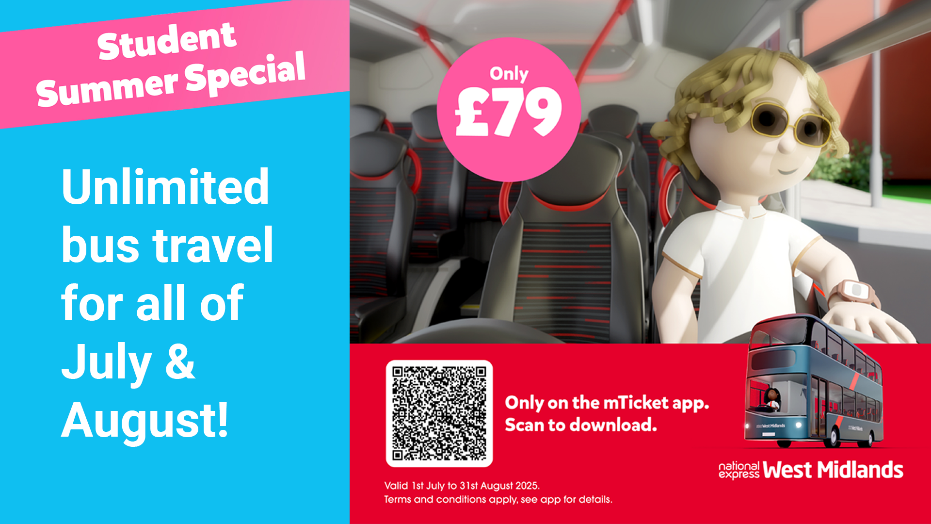 West Midlands Bus Summer special offer for students unlimited travel July and August £79
