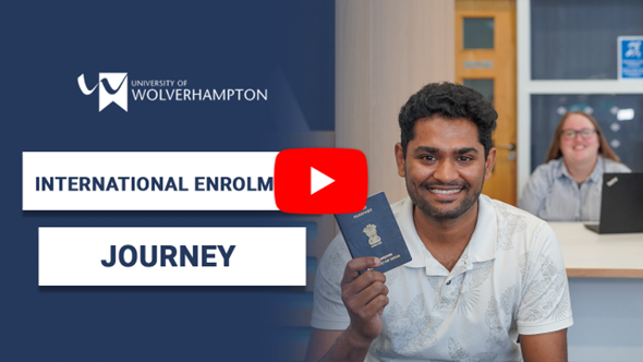 Enrolling as an international student video thumbnail - Balu holds up a blue 'international' passport