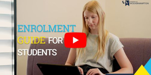 Enrolment guide video thumbnail - female student sitting on sofa with laptop
