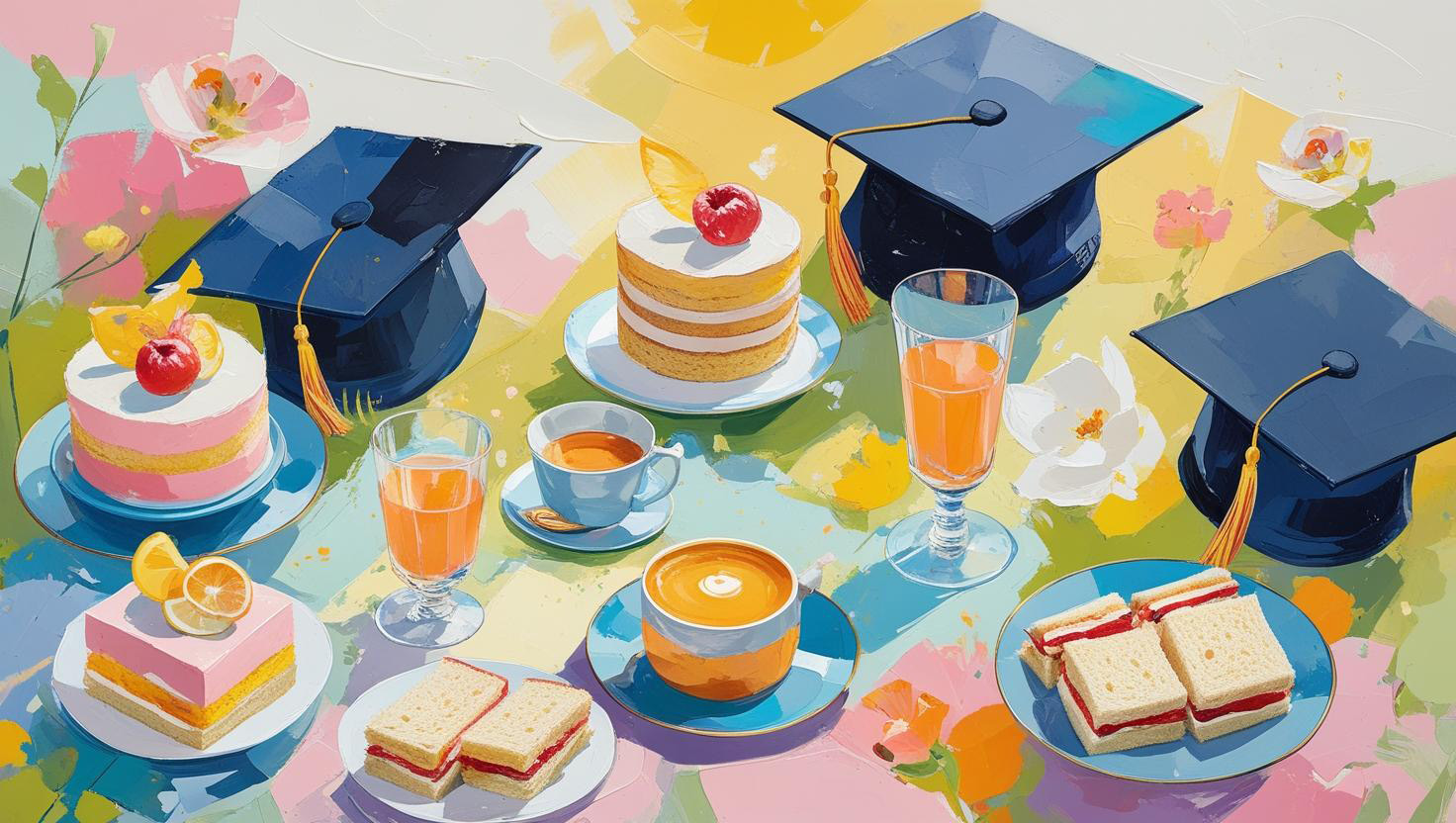 Graphic illustration representing a summer afternoon tea with graduation caps - AI generated image