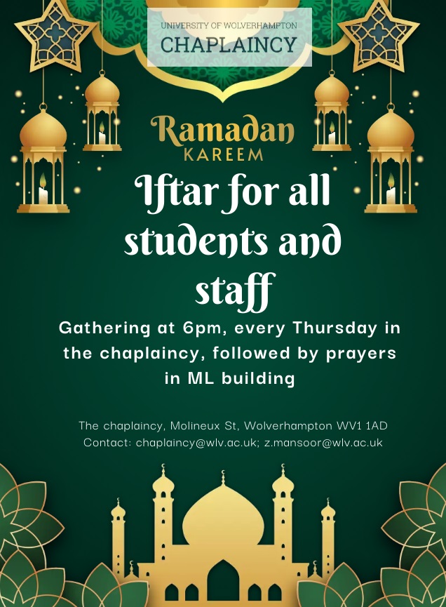 Ramadan Iftar poster inviting staff and students to join Iftars at the Chaplaincy