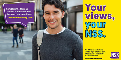 NSS graphic male student with speech bubble inviting final year students to take the survey
