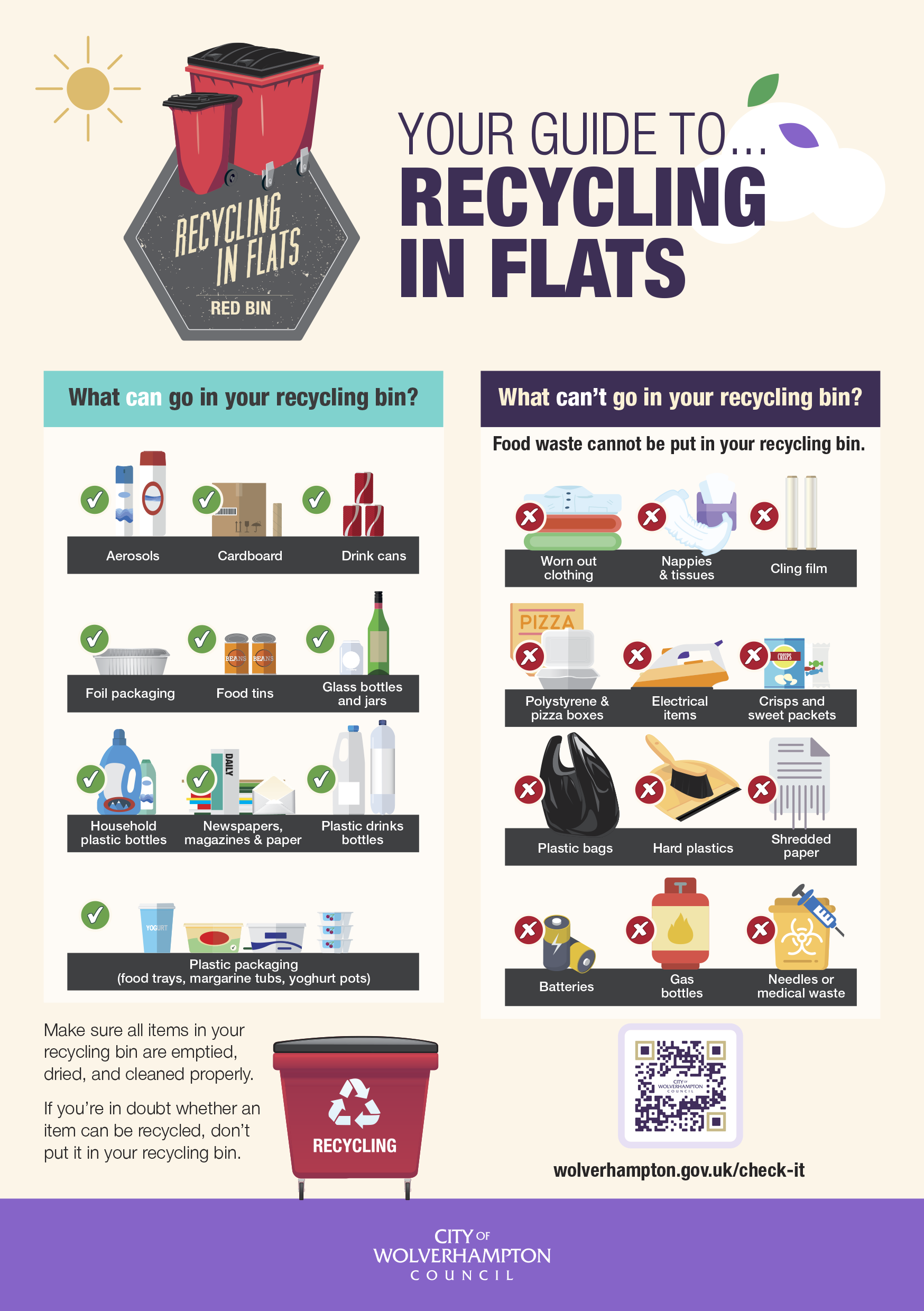 Poster outlines items which can and can not going into recycling bins when living in flats