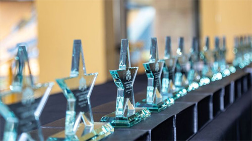 star shaped SU Award trophies lined up on table