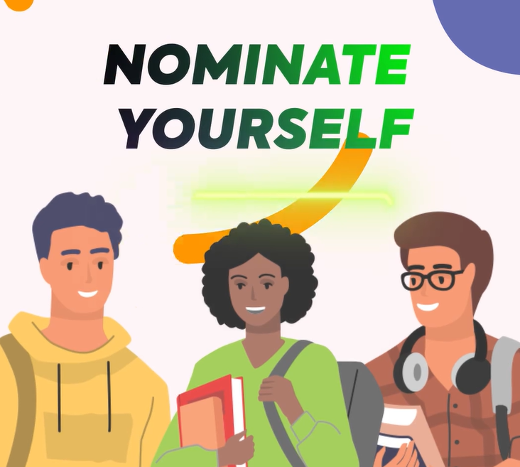SU elections nomination graphic illustration of three smiling students with the words Nominate yourself in green