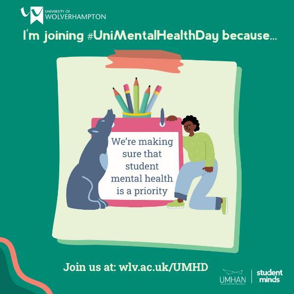 University Mental Health Day social graphic square  - girl with wolf