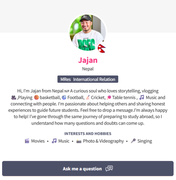 TAP Ambassador profile example card - Jajan from Nepal