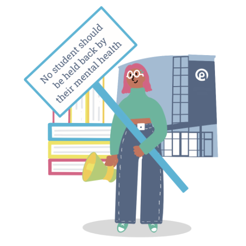 University Mental Health Day graphic illustration, student holding a placard saying 