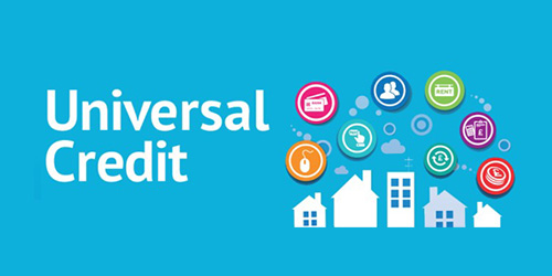 graphic reads Universal Credit with image of various households with icons floating above representing household expenditures