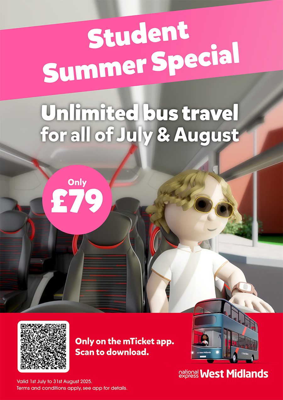 West Midlands Bus Summer special offer for students unlimited travel July and August £79