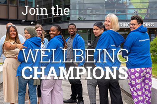 group of student Wellbeing Champions the courtyard, displaying the logo on the back of their hoodies