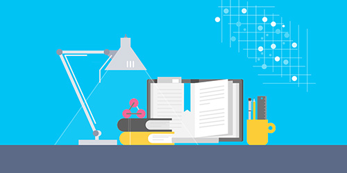 illustration of a study workspace with desk lap, books and pens