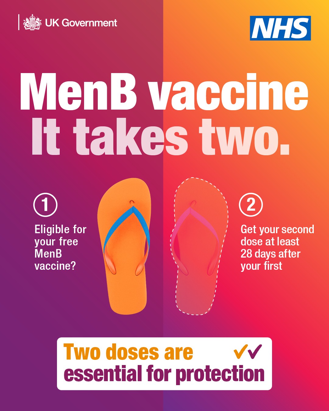 An NHS and UK Health Security Agency graphic featuring an illustration of a pair of flip-flops. Text says: ‘MenB vaccine. It takes two. 1. Eligible for your free MenB vaccine? 2. Get your second dose at least 28 days after your first Two doses are essential for protection’.