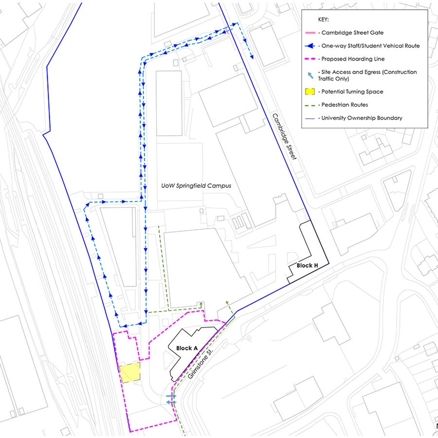 A map of Springfield Campus denoting temporary access routes for pedestrians via Grimstone Street to the right of the main entrance, vehicle access via Cambridge Street