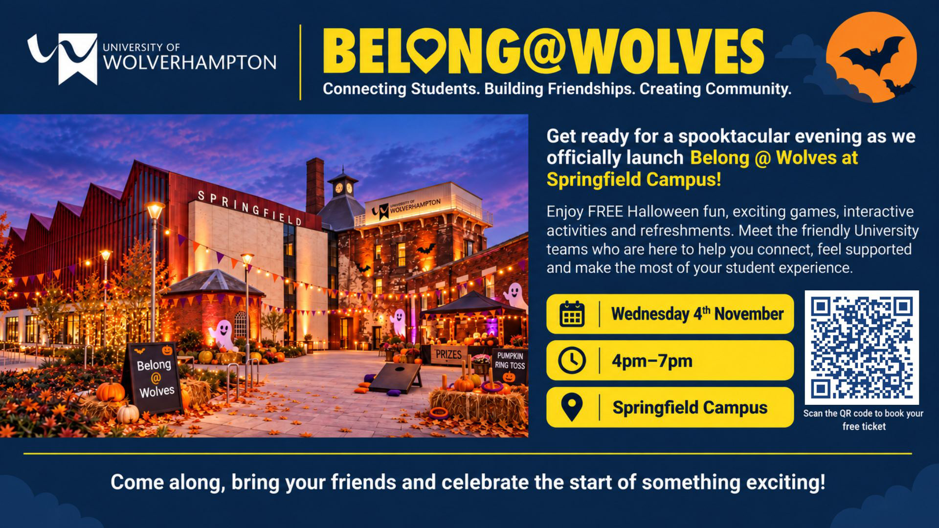 Belong at wolves event promotion - AI generated image depicts the exterior of Springfield Campus decked out with Halloween decorations. Event details Wednesday 4 november 4pm-7pm.