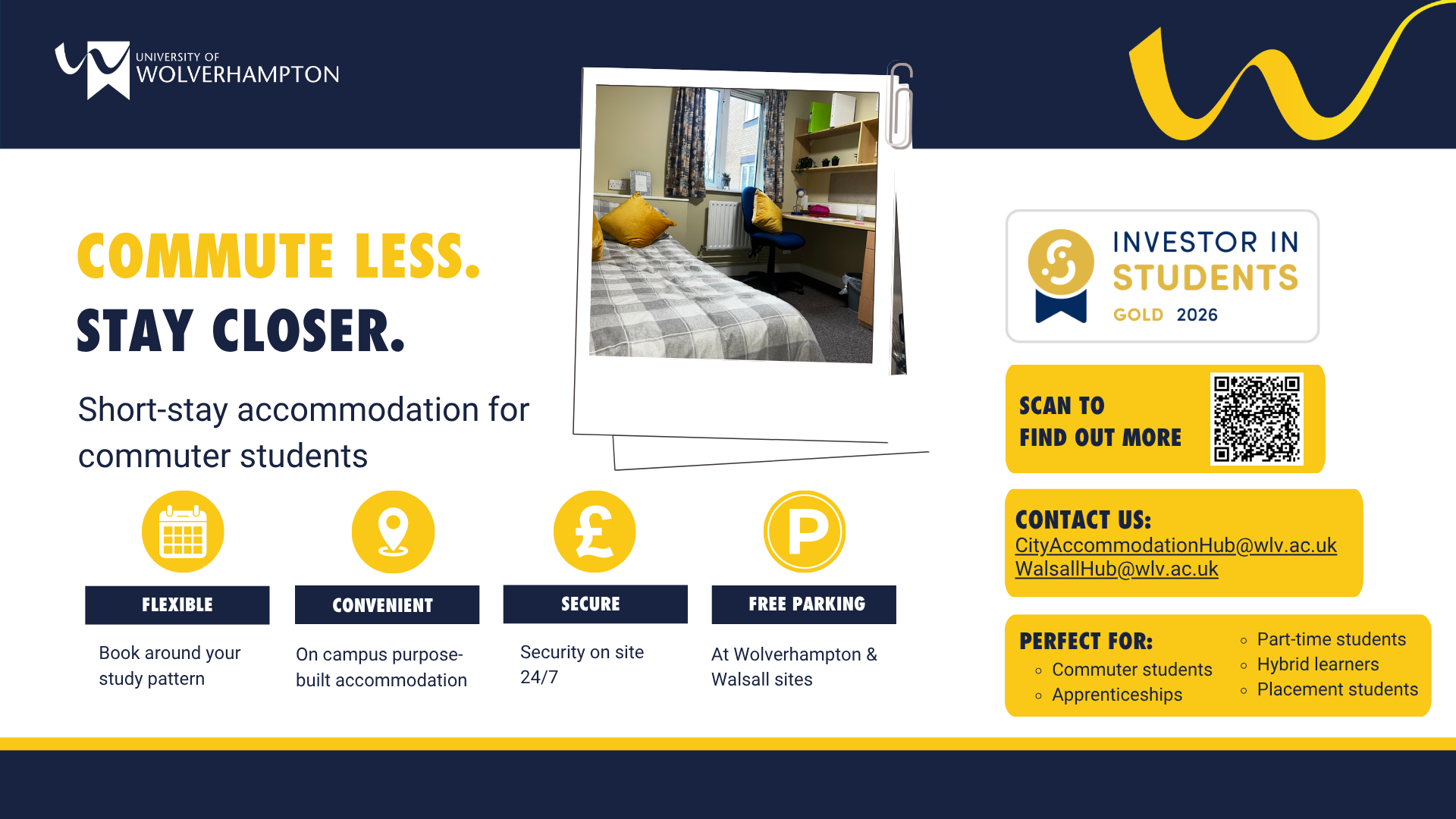 Asset promoting short stay accommodation for commuters: flexible, convenient, secure, free parking. Perfect for commuter and part-time students, apprenticeships, placements, hybrid learners