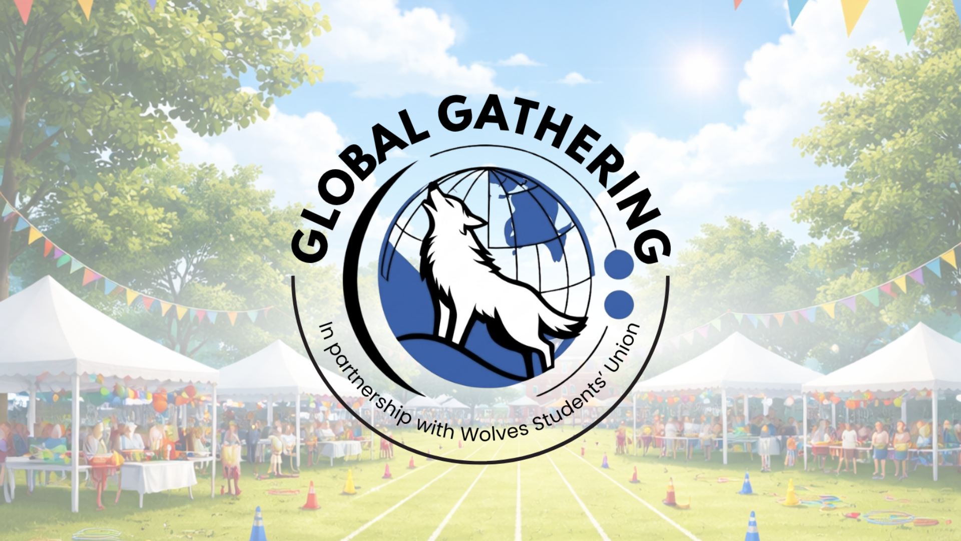 Global Gathering graphic of a howling wolf in front of a globe. In the background is an illustration of a traditional summer sports day in a field