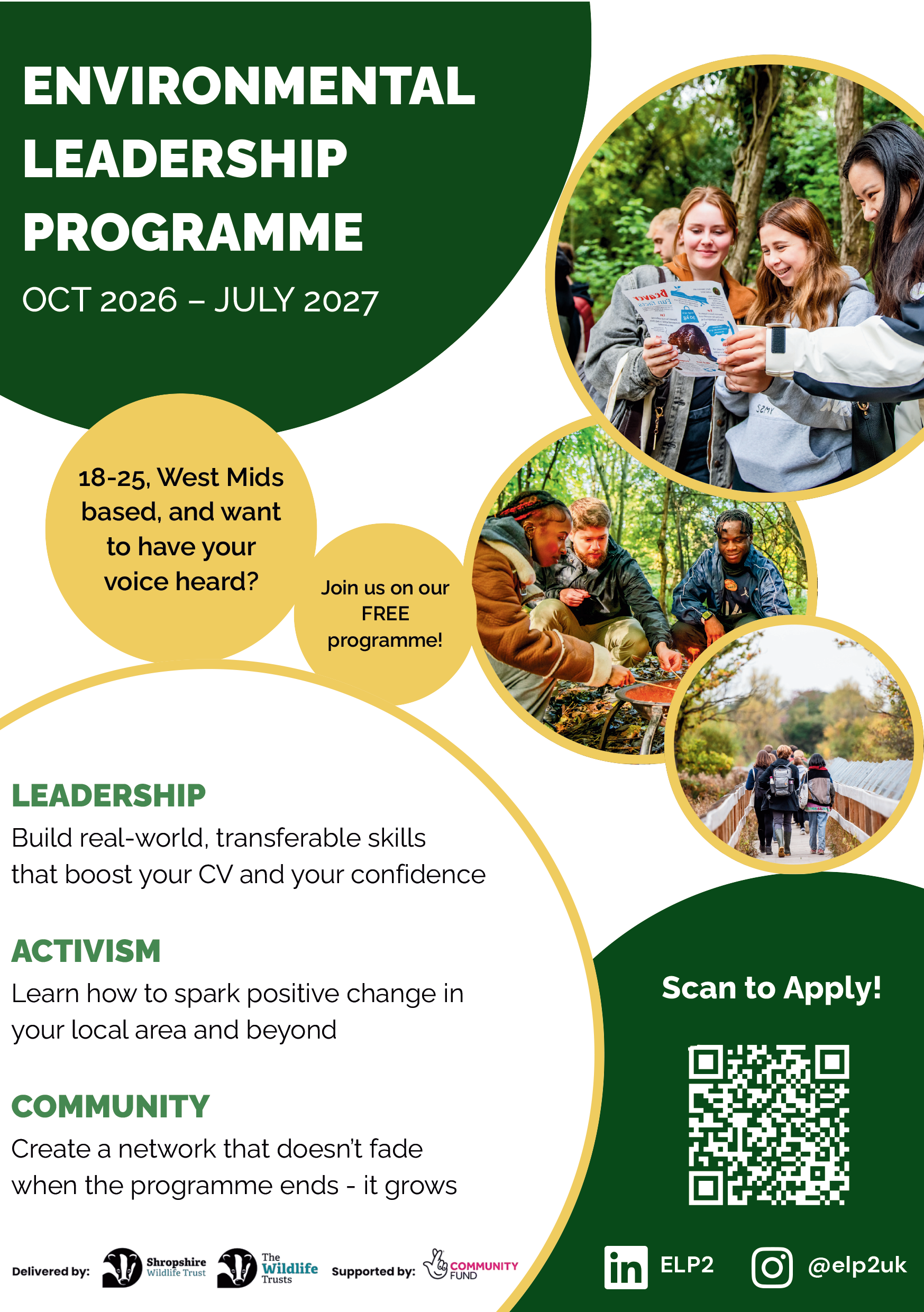 Wildlife Trust Environmental Leadership Programme asset shows three images of young people in woodland settings. The call to action is for 18-25 year olds, based in the West Midlands to join the free programme to develop leadership, activism and community. Runs October 2026 - July 2027