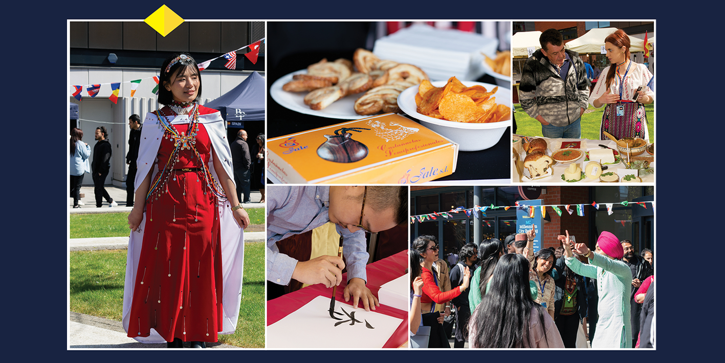 montage of photographs taken at the International Fair showing students in traditional dress, world food, dancing and celebration of culture in the Courtyard