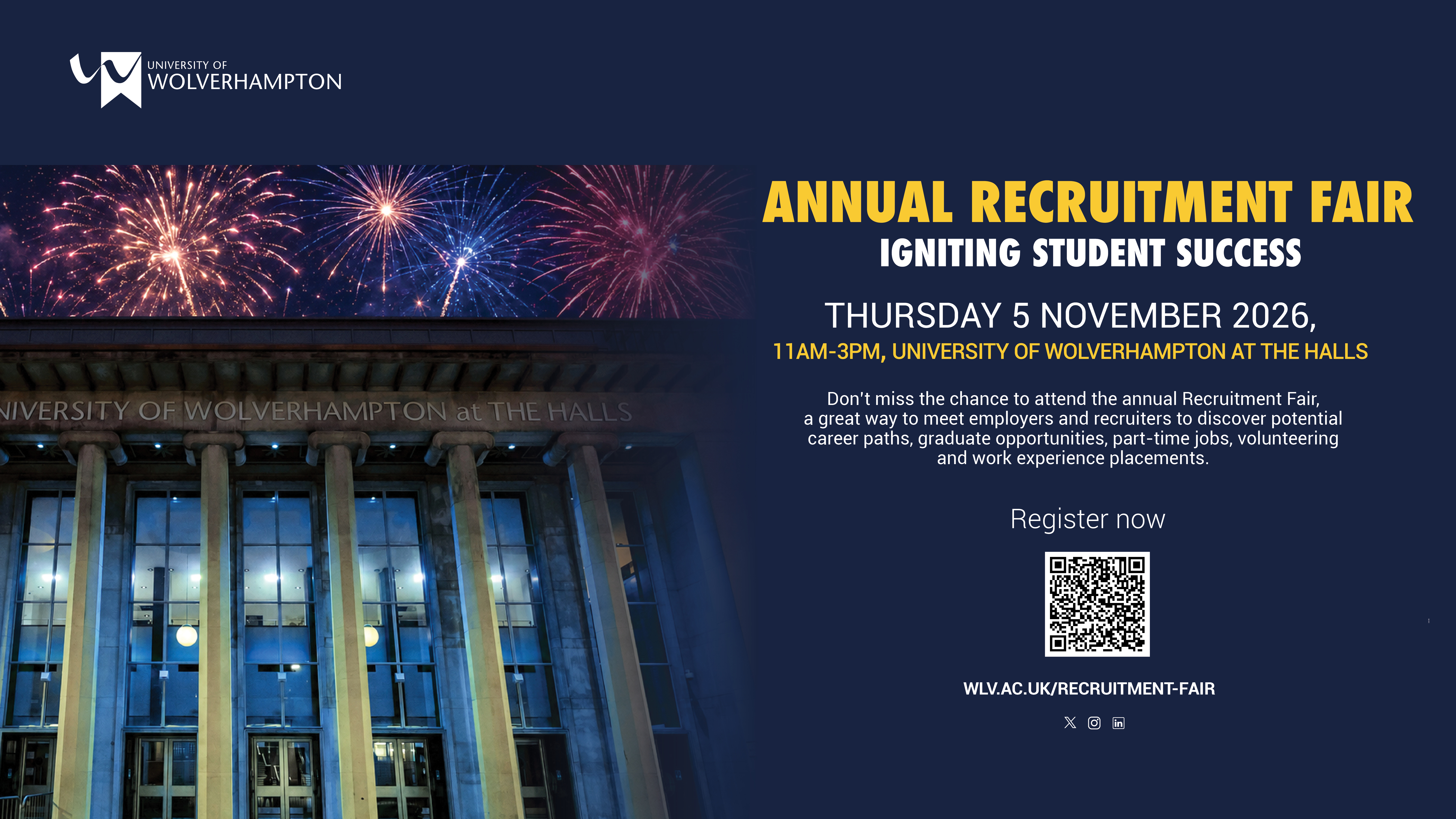 Image of the front of the Halls with fireworks in the night sky. Caption reads 