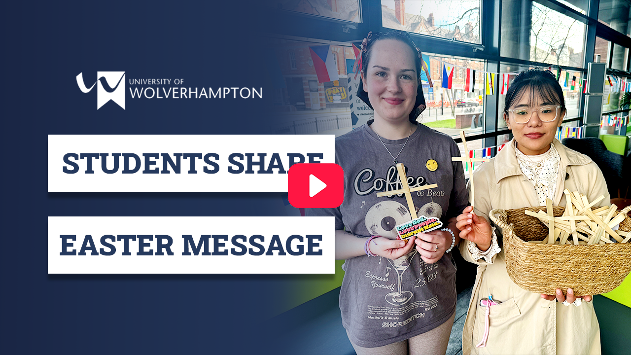 In this Easter message video thumbnail two students are holding a basket of palm crosses, sweets and stickers