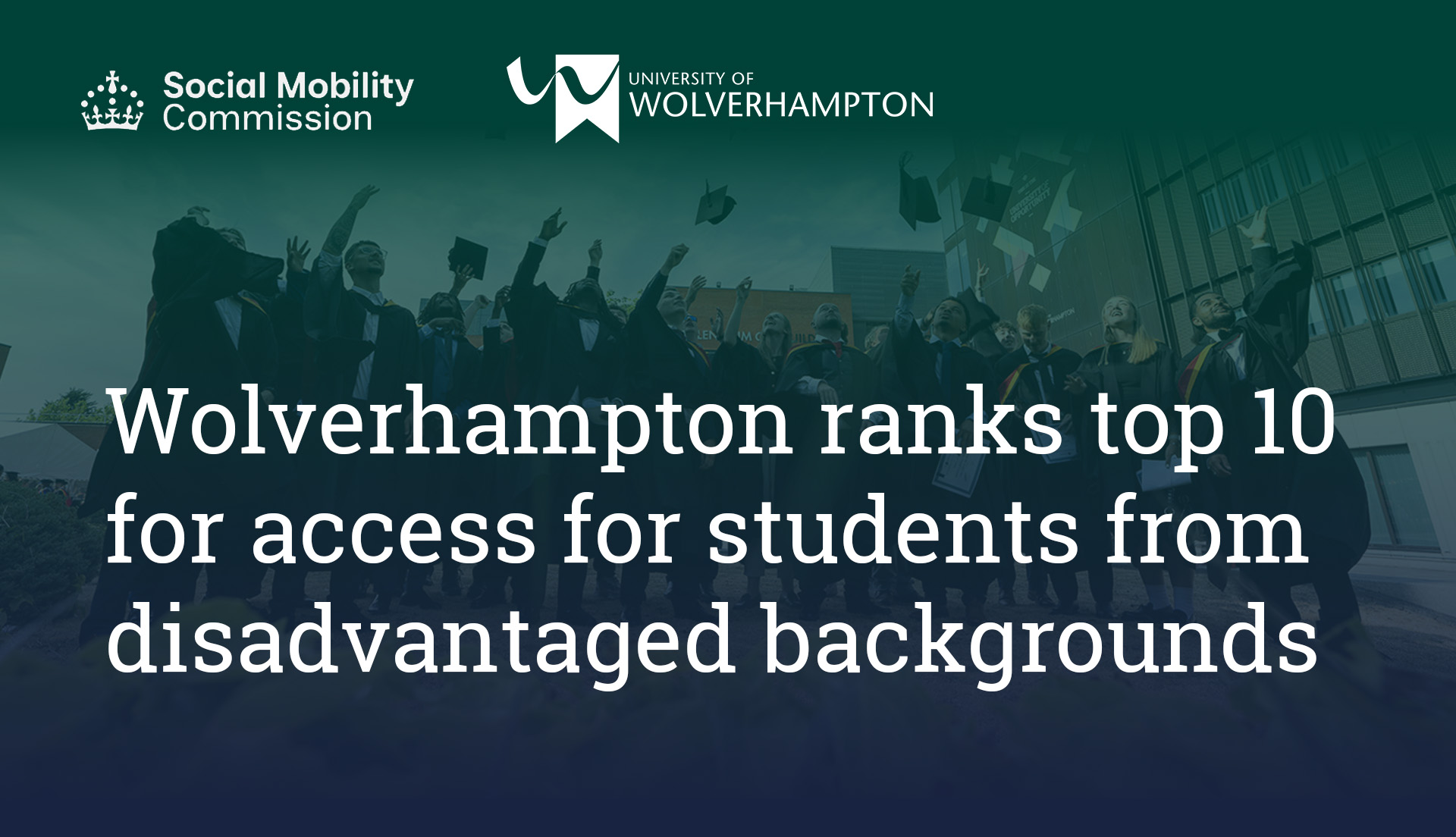 Digital asset to celebrate Wolverhampton's top ten ranking in national social mobility index. Background photo of group of graduates on graduation day throwing caps in air.
