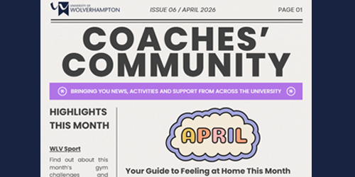 A section of the front page of the Coaches' Community newsletter. In the centre 'April' is in a bubble with the words 