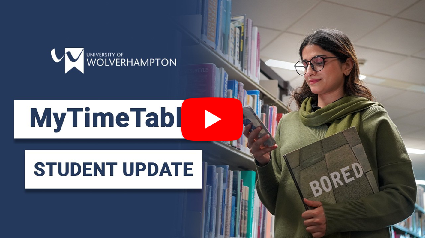 video thumbnail showing female student in library holding a book, looking at her phone, smiling. Text reads 